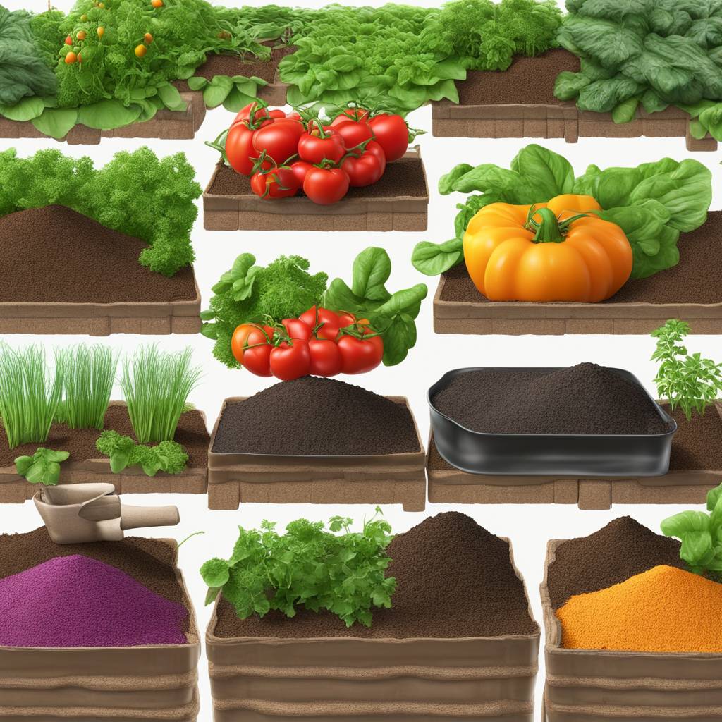 Raised garden beds with variety of vegetables and soil.