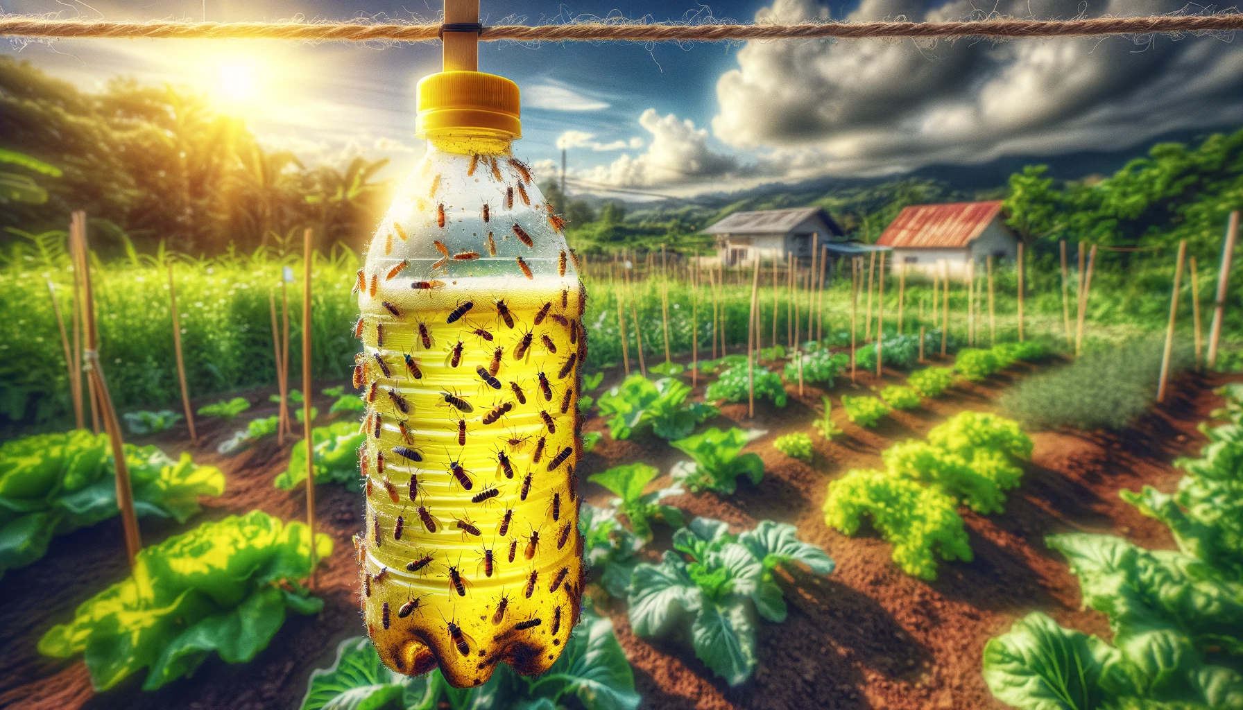 Fly trap bottle in sunny vegetable garden.