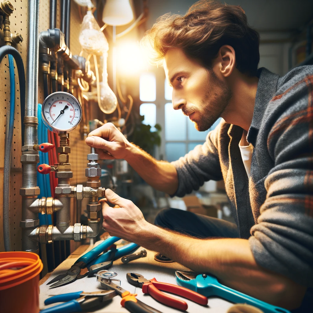 Man adjusting pressure gauge in workshop