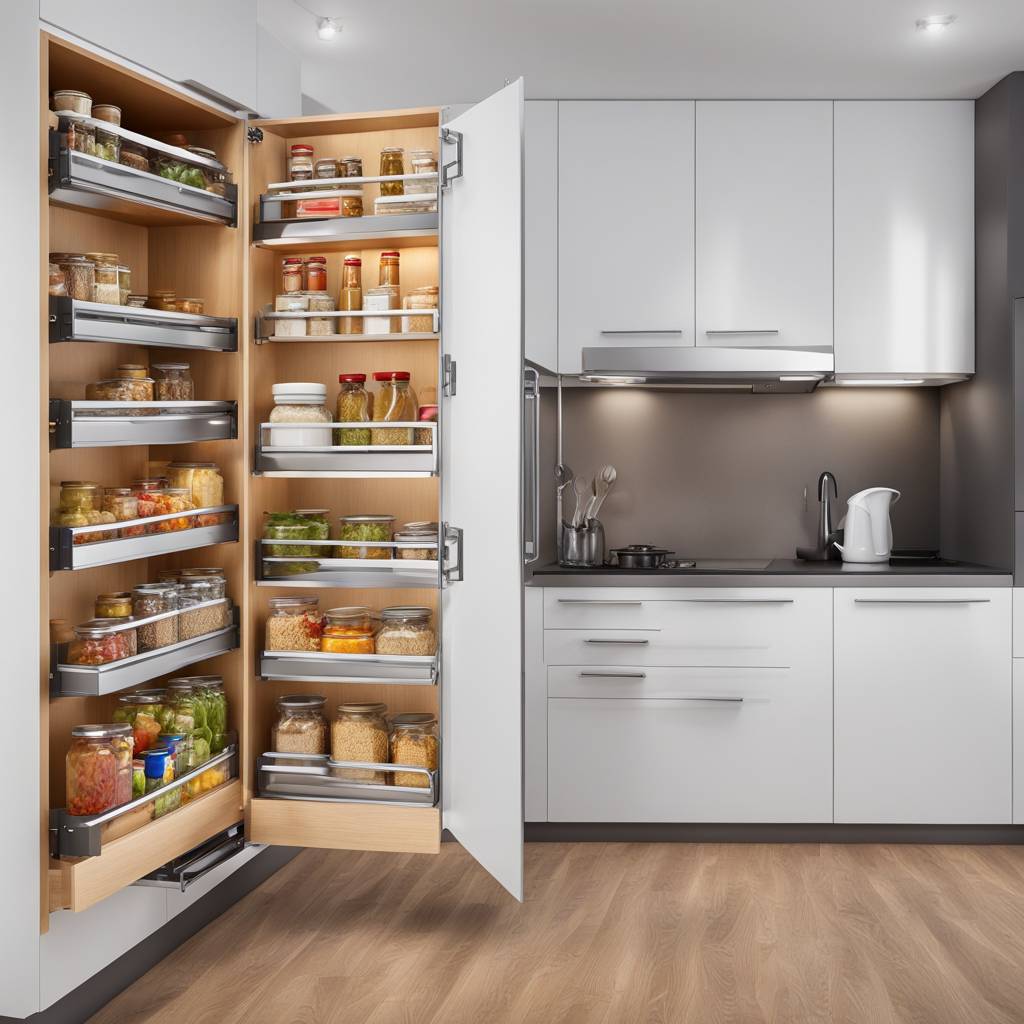 Modern kitchen pantry with open shelves, organized food storage.