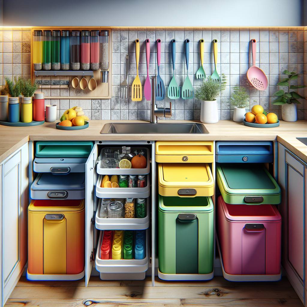 Modern colorful kitchen drawers organization