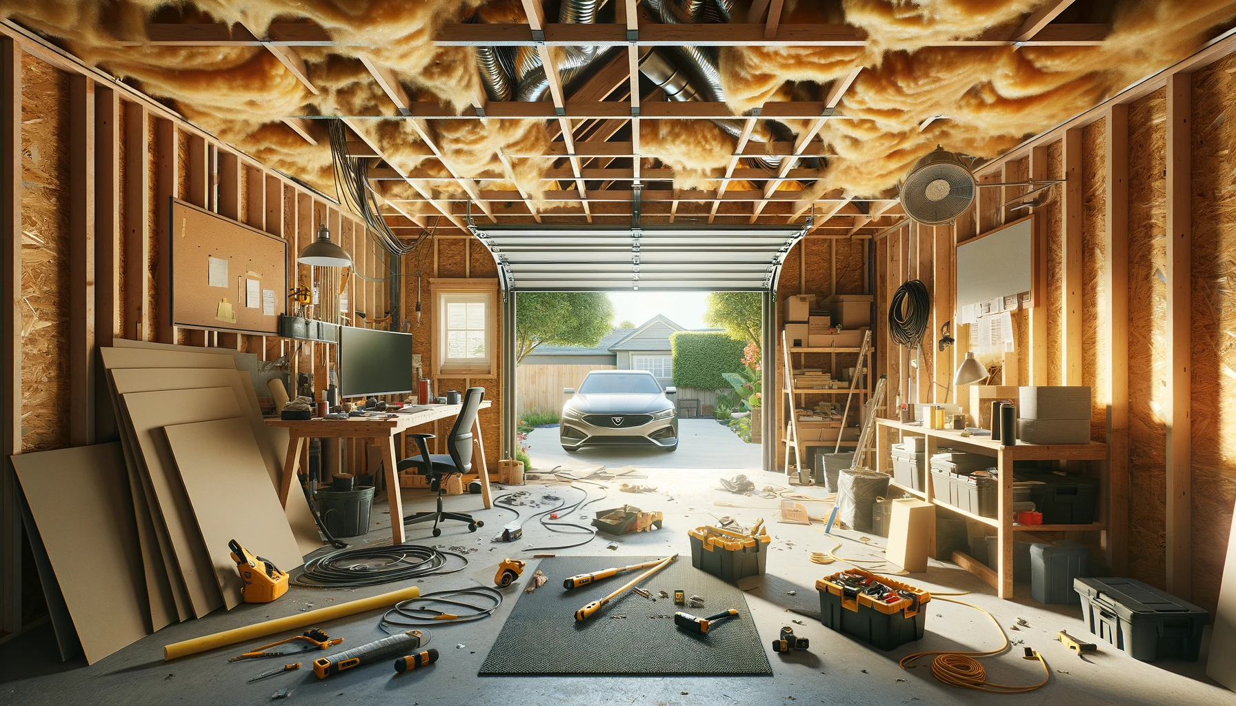 Messy home garage workshop with open door and car outside.
