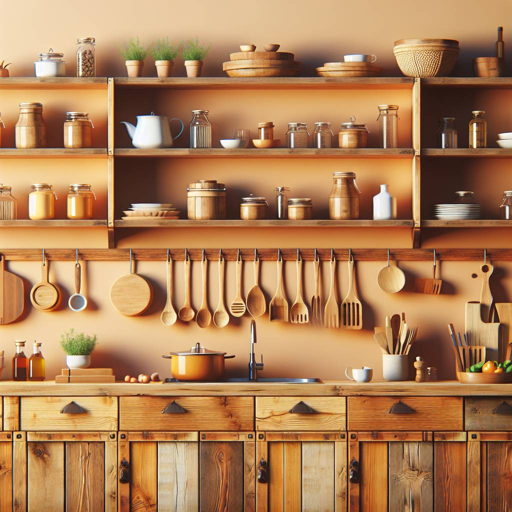 Rustic kitchen shelves with utensils and wooden cabinets.