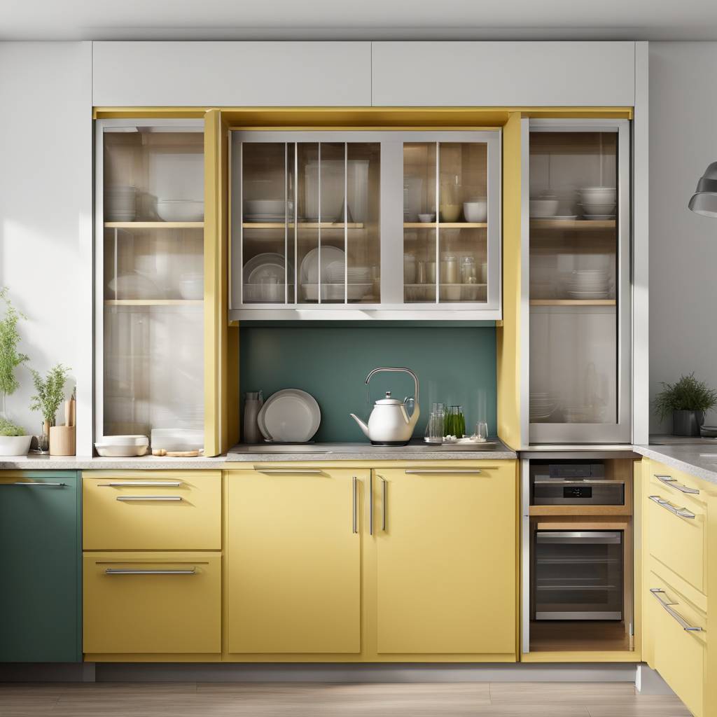 Modern yellow kitchen interior design with appliances.