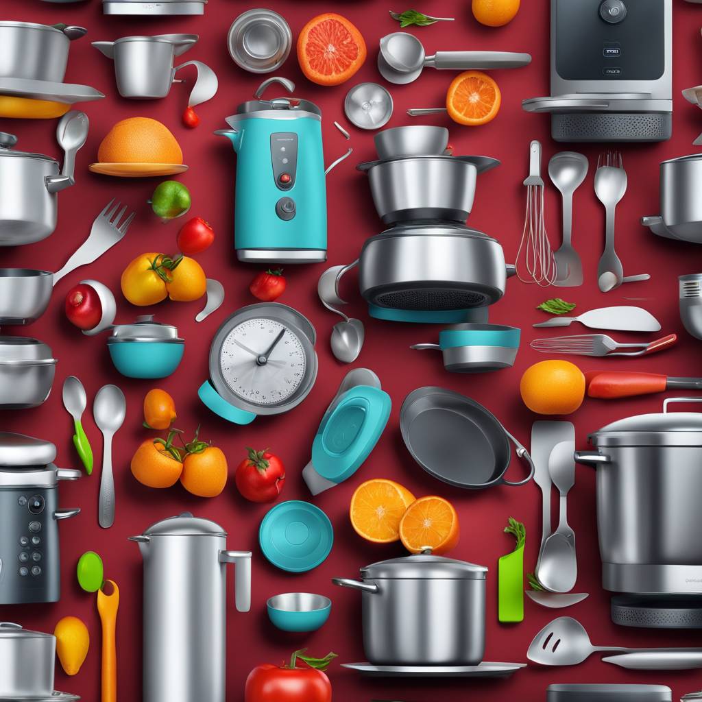 Assorted kitchenware and fresh ingredients on red background.