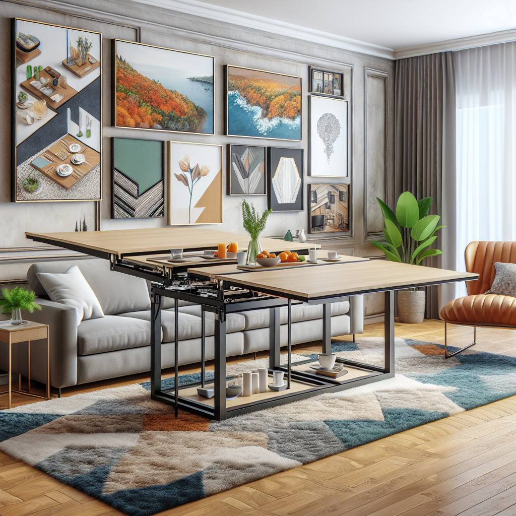 Modern living room with convertible table and gallery wall.