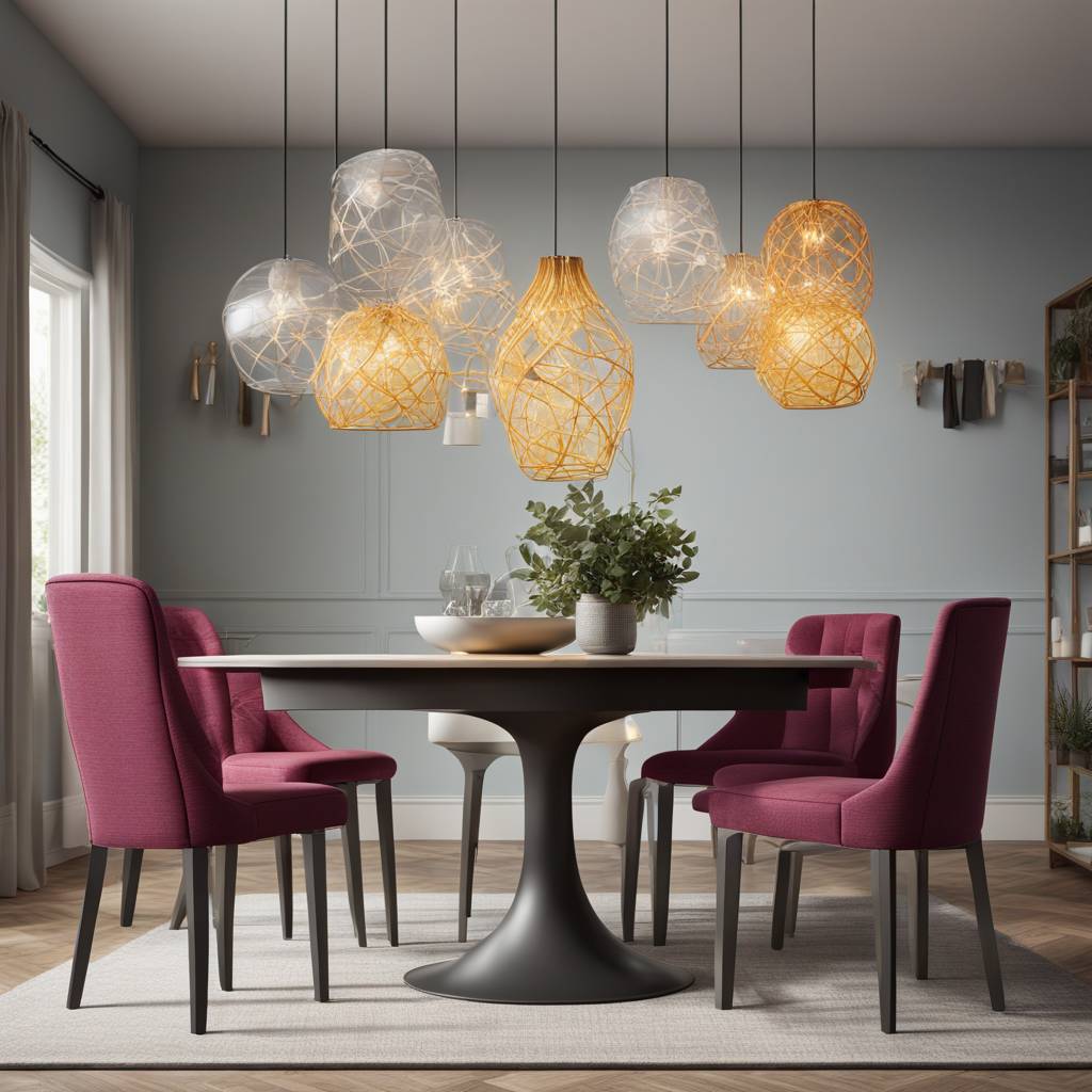 Modern dining room with unique pendant lights and purple chairs.