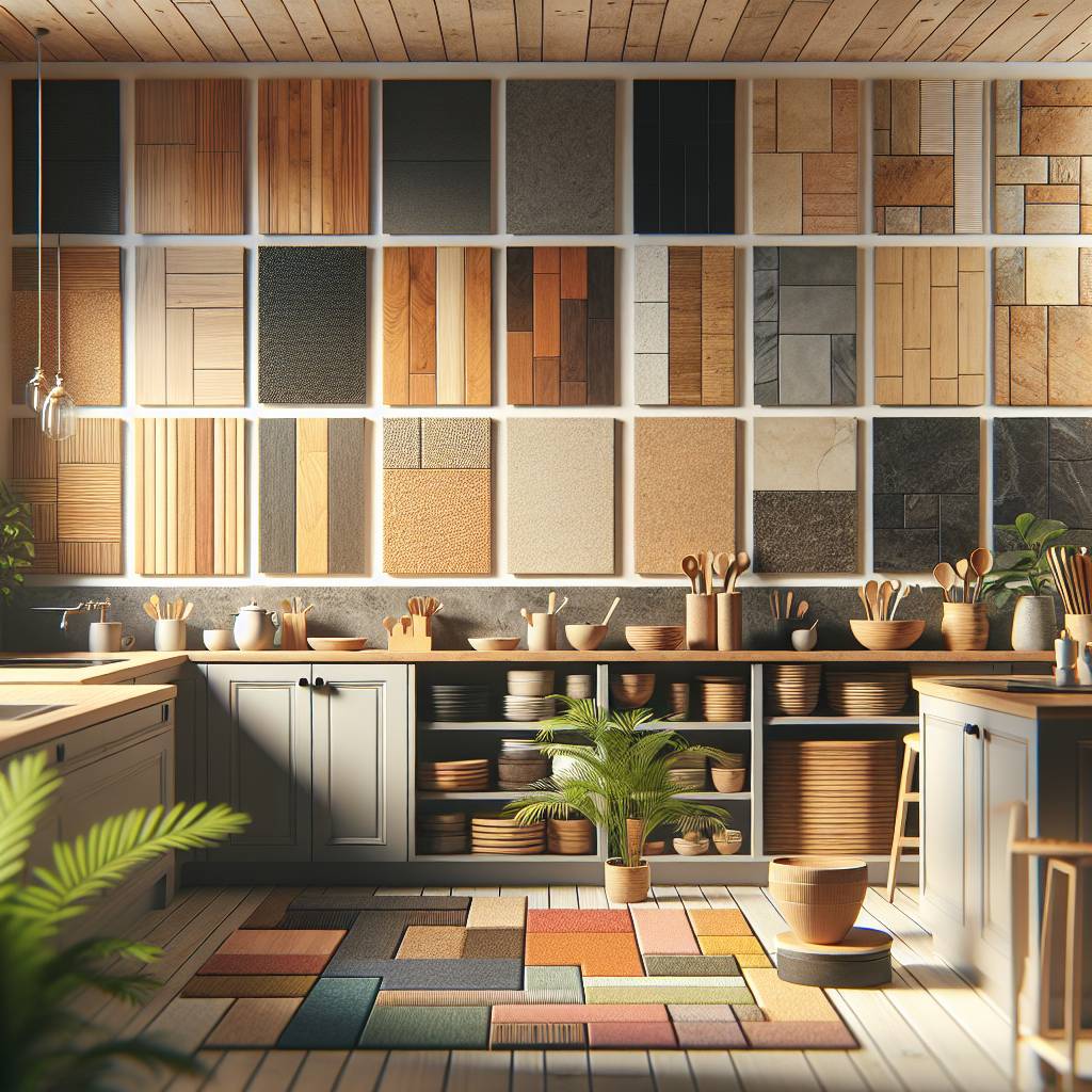 Modern kitchen with wooden features and tile samples.