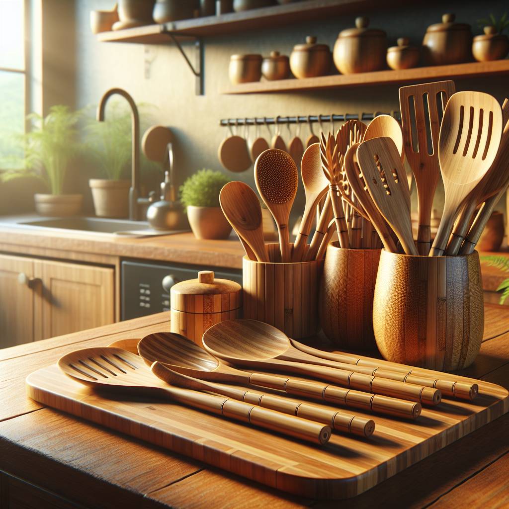 Sunny kitchen with wooden utensils and cutting boards.