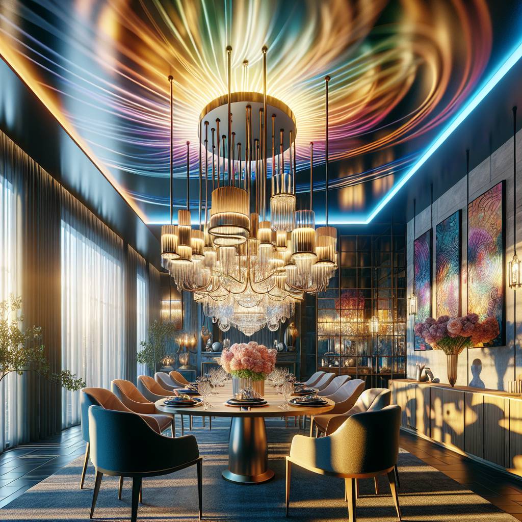 Luxurious modern dining room with vibrant light display.