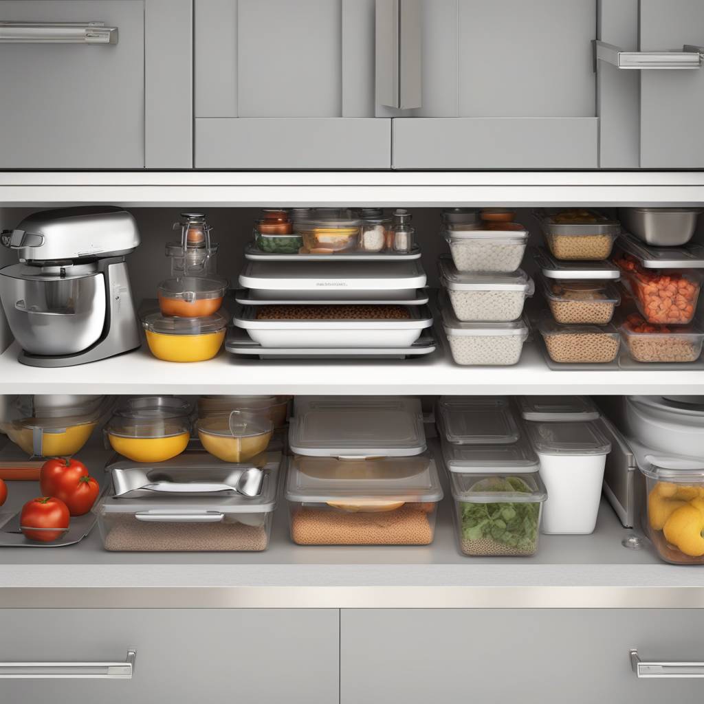 Organized kitchen drawers with food containers and appliances.