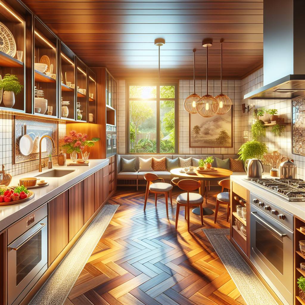 Cozy modern kitchen interior with sunlight and plants.