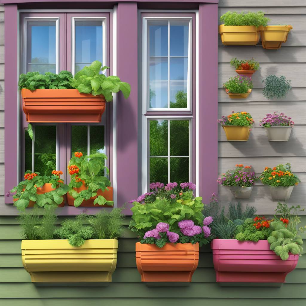 Colorful window flower boxes on house facade.