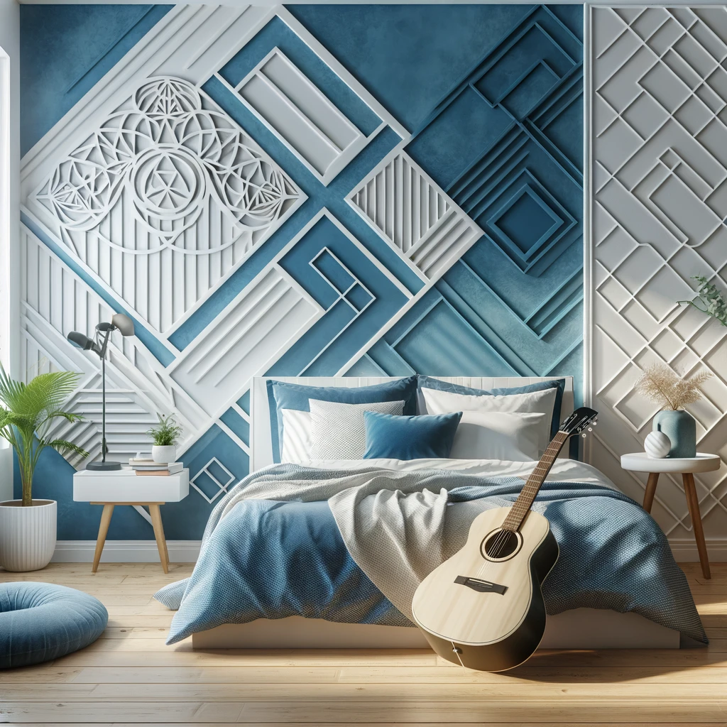 Modern bedroom interior with geometric wall design.