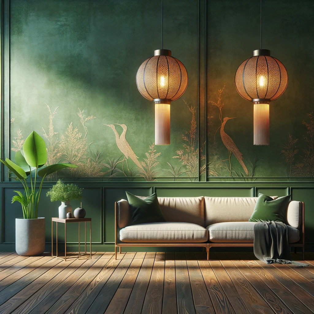 Elegant living room with pendant lights and green wall decor.