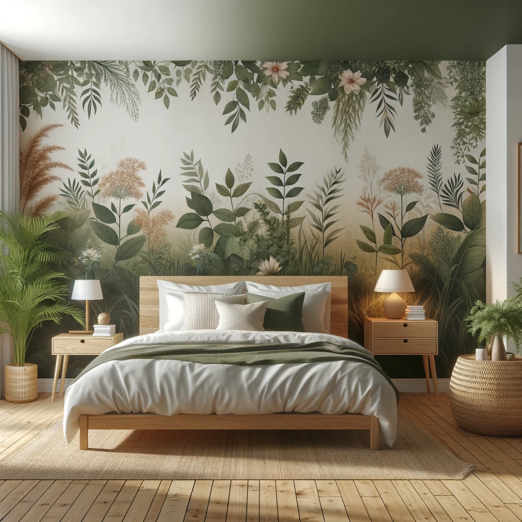 Modern bedroom with botanical wallpaper and wood furniture.