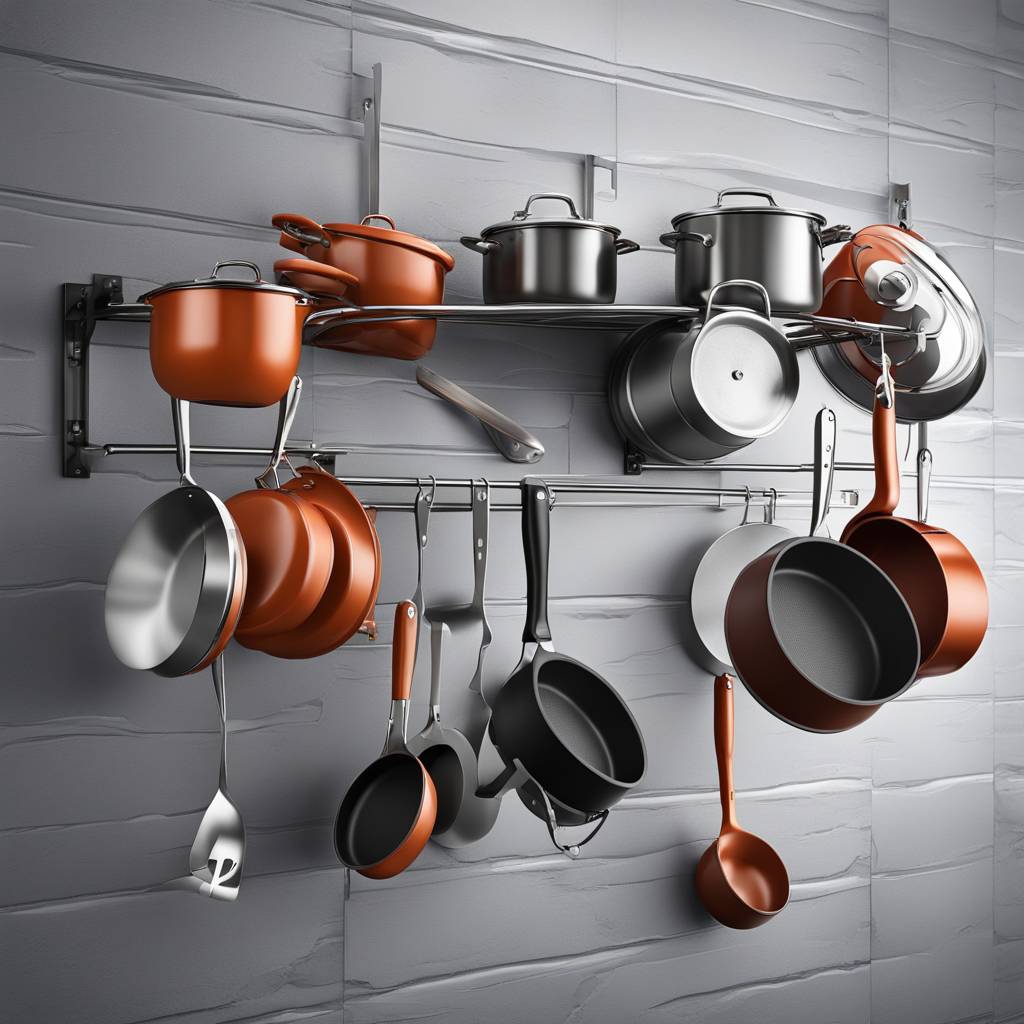 Various pots and pans hanging on kitchen wall rack.