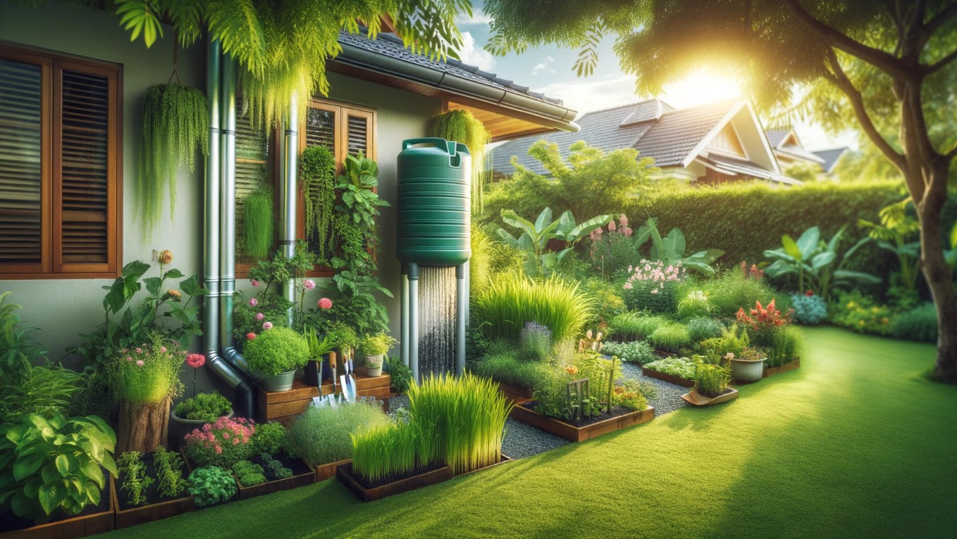Lush garden with rainwater harvesting system at sunset.