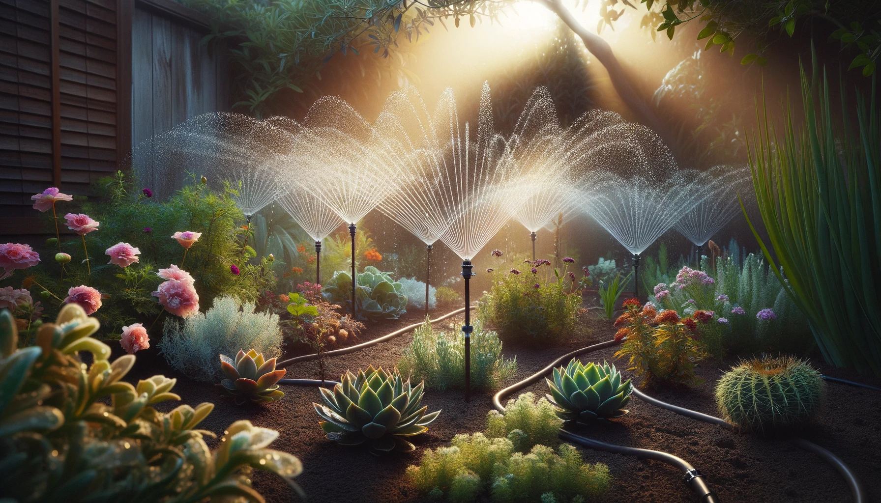 Illuminated garden with sprinklers at sunset.