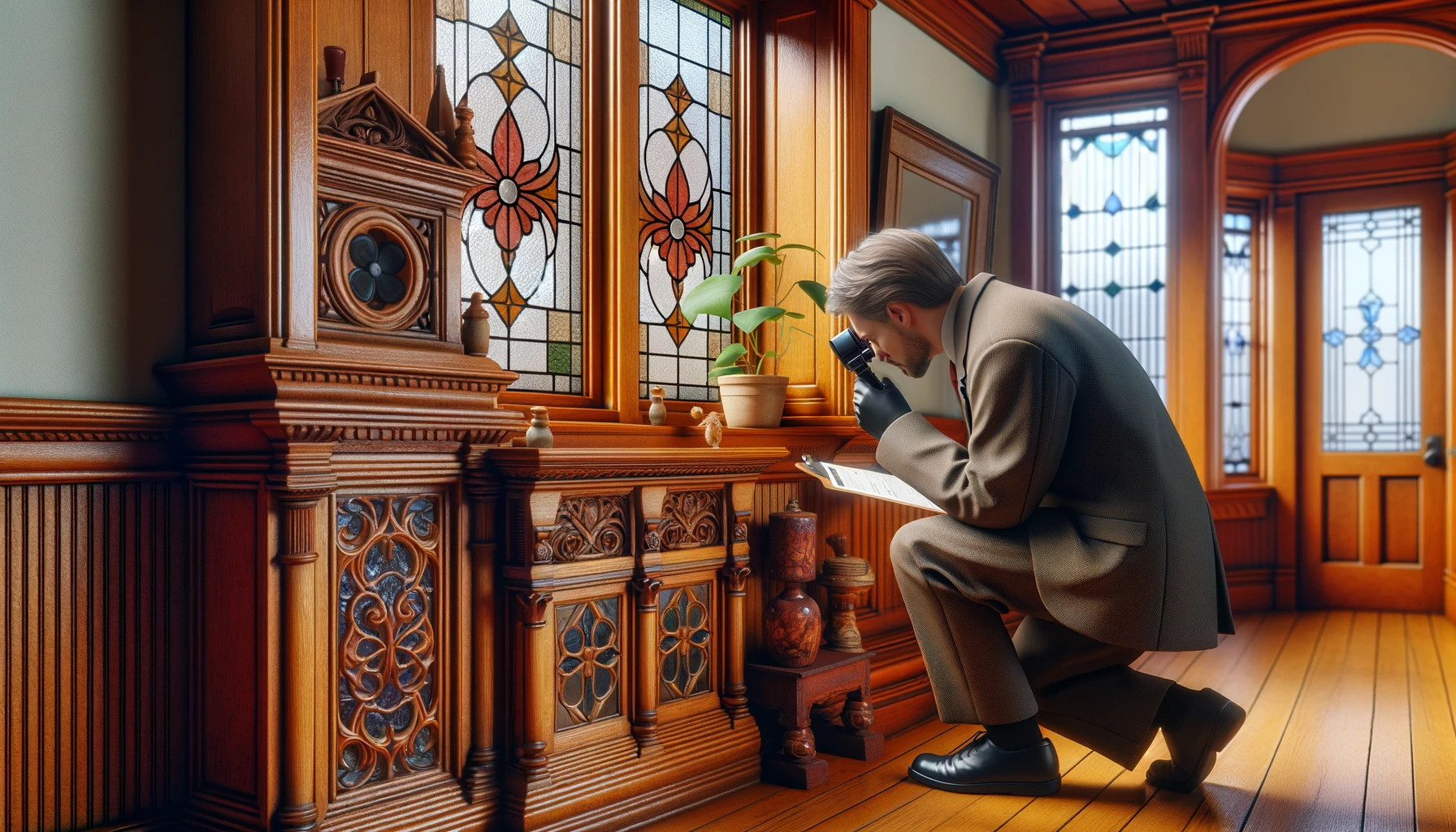 Man inspecting object with magnifying glass in vintage room.