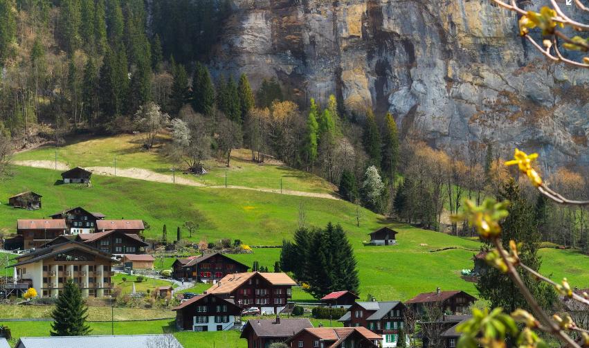 Idyllic mountain village with chalets and green fields.