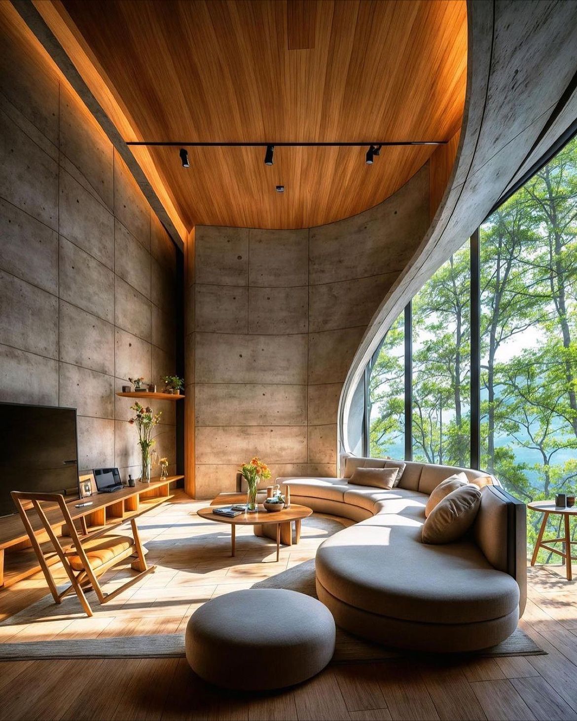 Modern wooden living room with panoramic forest view.