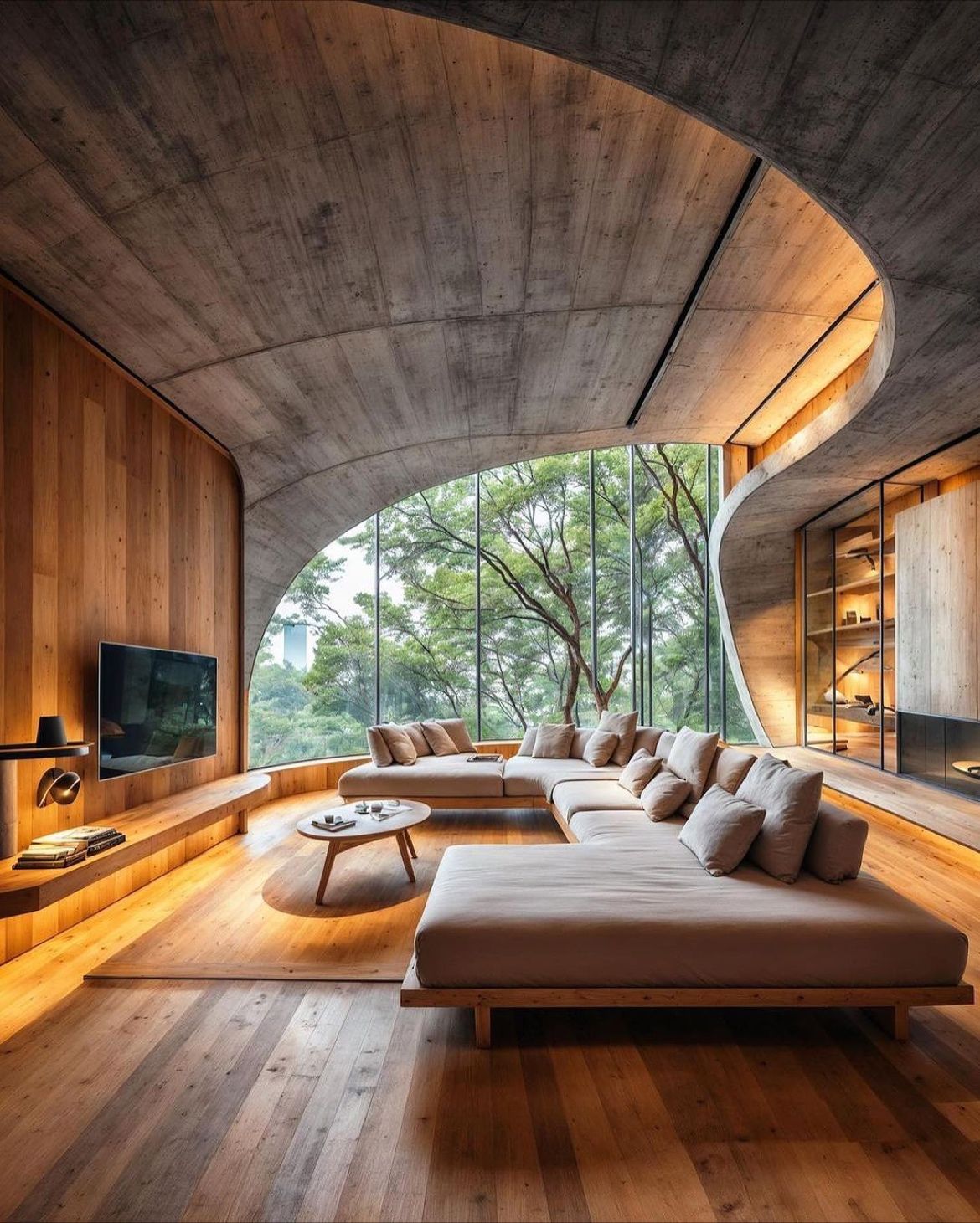 Modern living room with curved wood architecture and forest view.