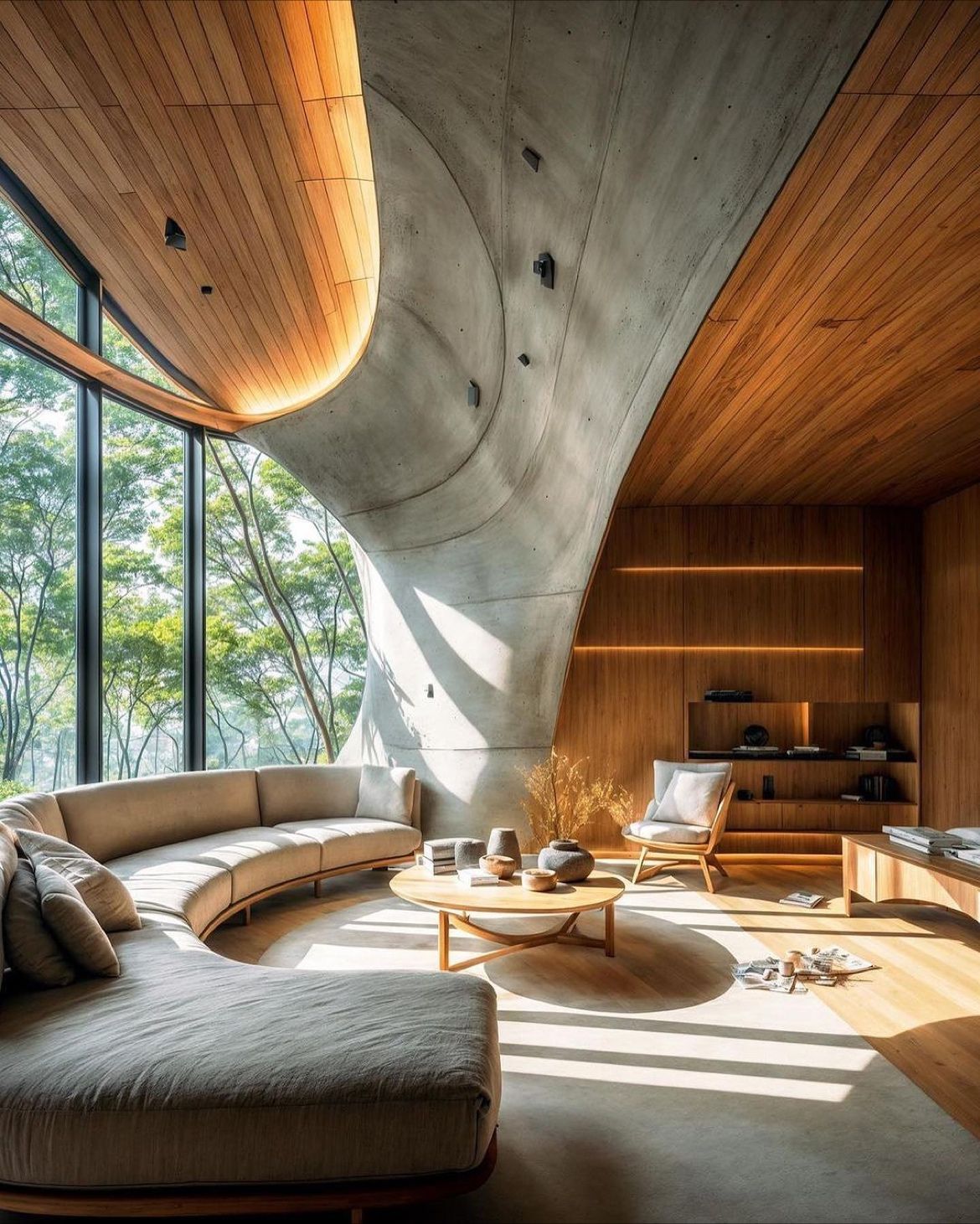 Modern living room with curved wood and concrete architecture.