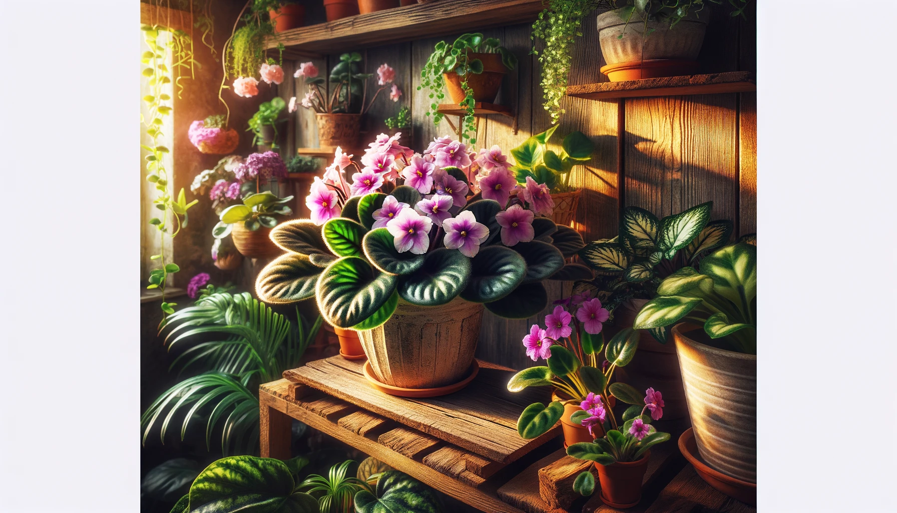 Sunlit indoor garden with vibrant potted plants and flowers.