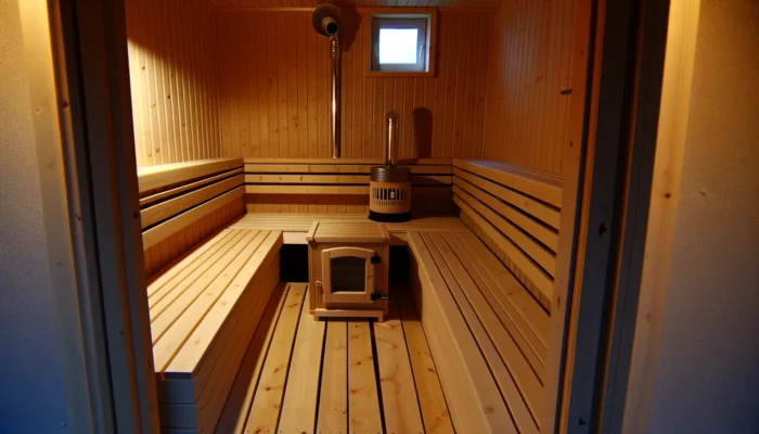 Wooden sauna interior with benches and heater.