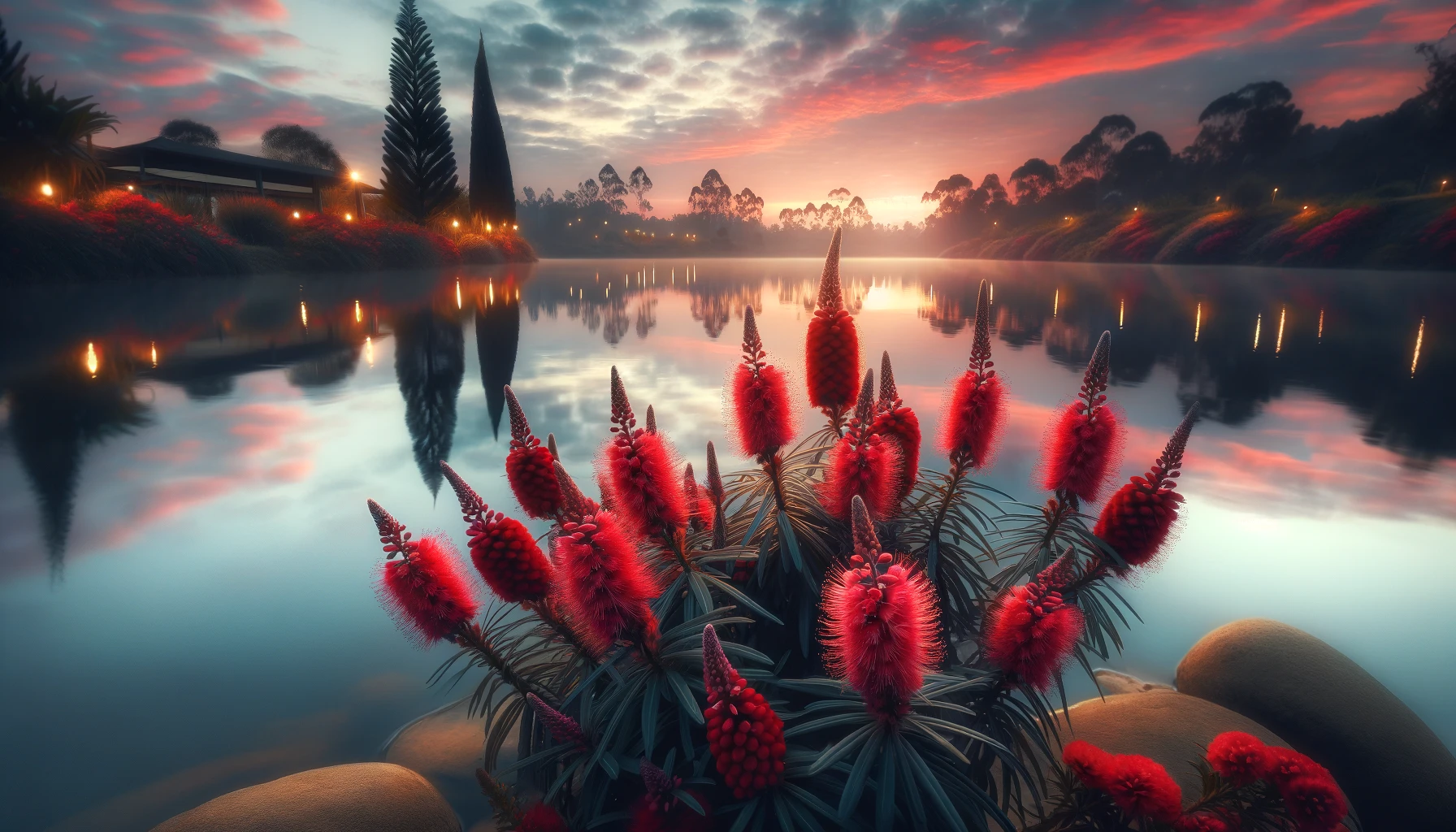 Sunset over tranquil lake with red flowers and reflections.