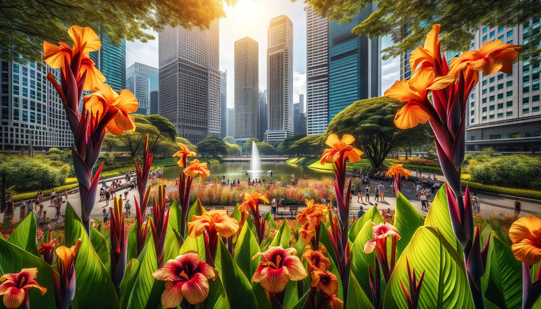 Urban park with colorful flowers and skyscraper backdrop.