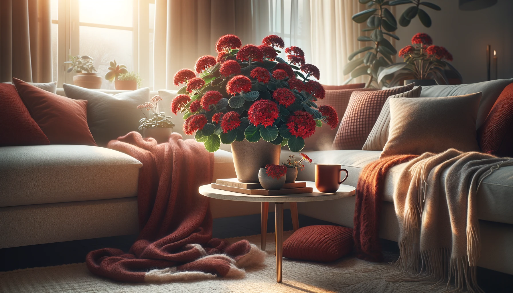 Cozy living room with red flowers and warm sunlight
