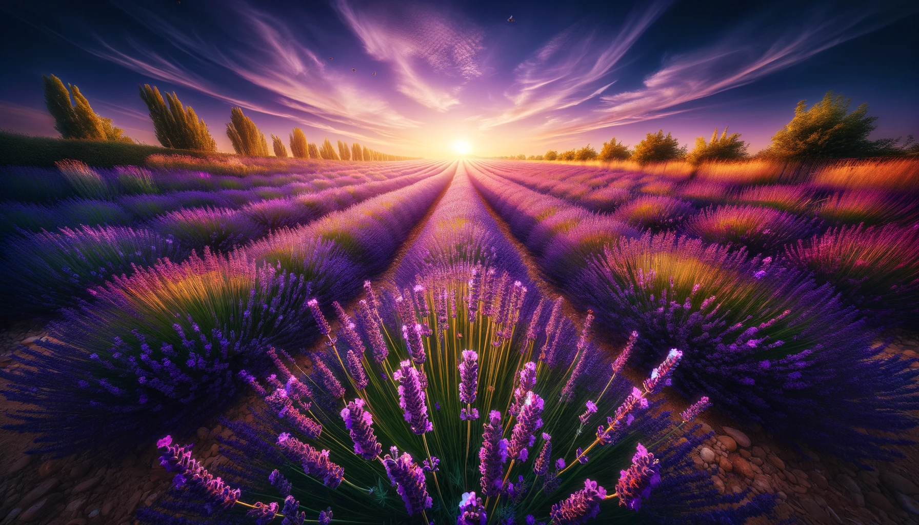 Sunrise over vibrant lavender fields.