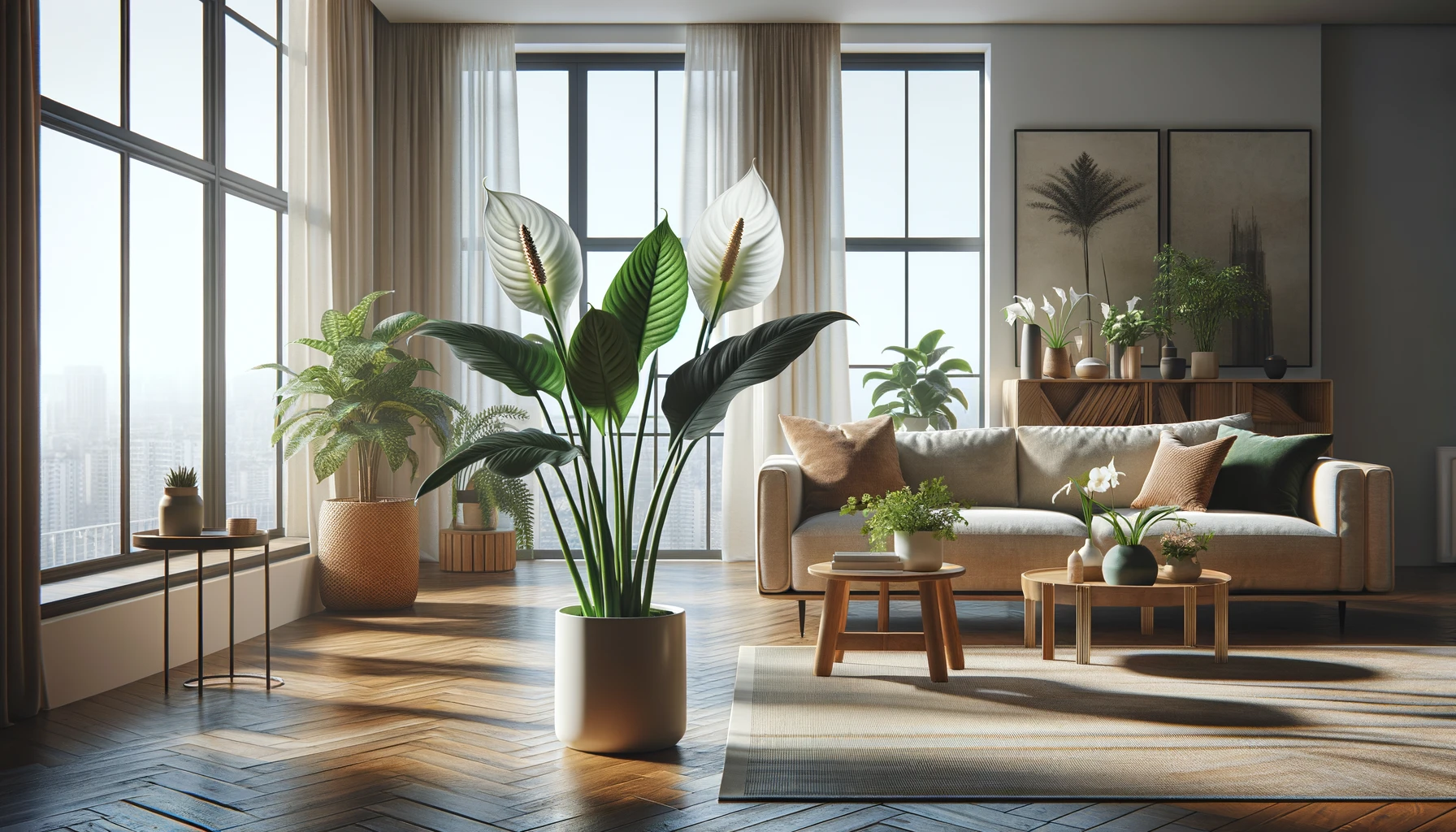 Modern living room with plants and cityscape view