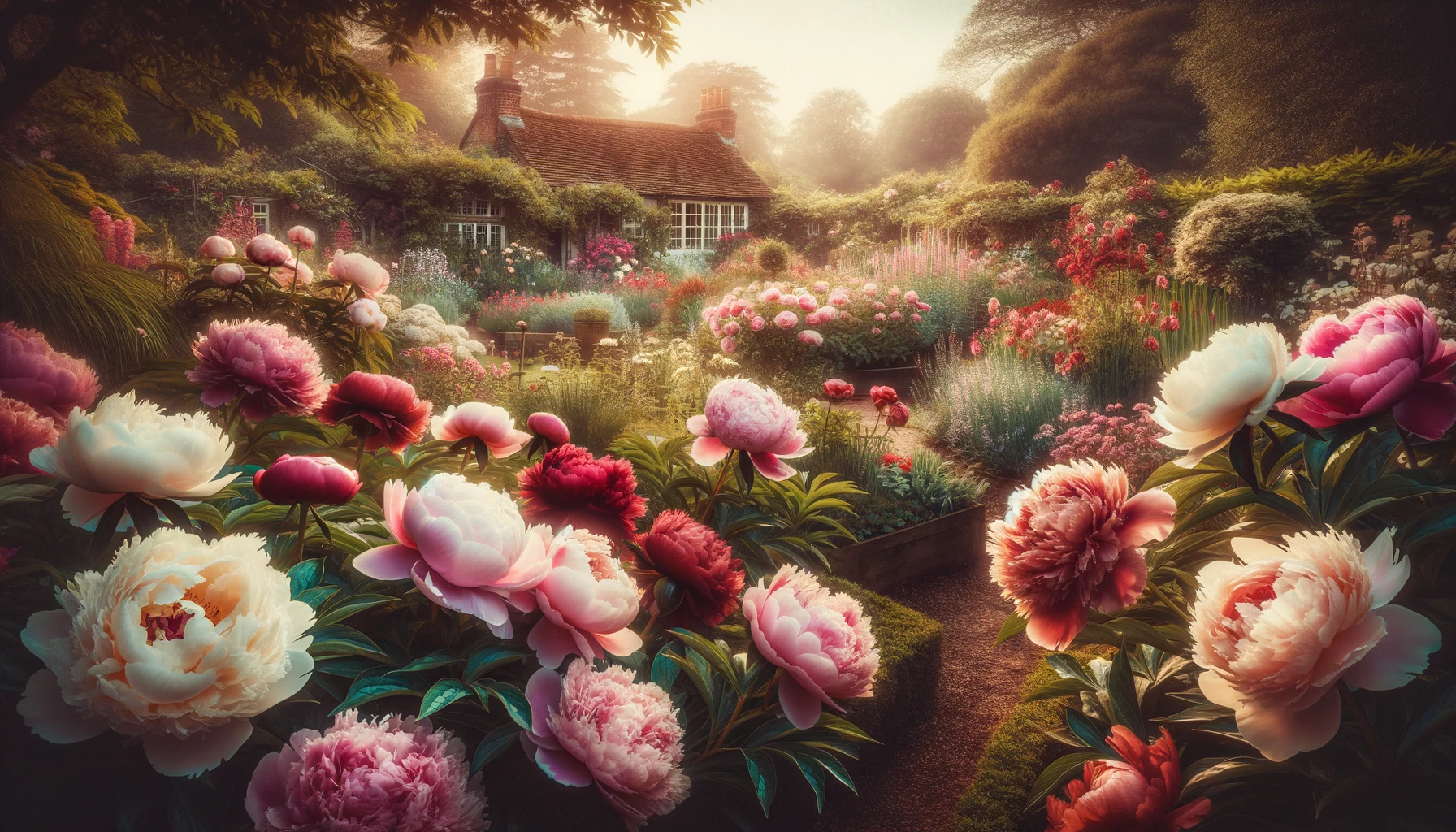 Blooming peonies in vibrant cottage garden at sunrise.