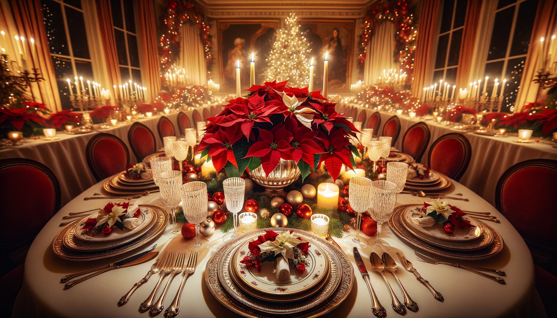 Elegant Christmas dinner table setting with festive decorations.