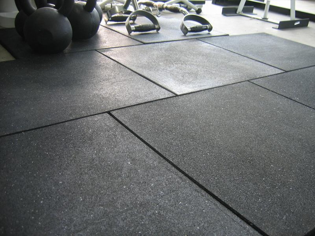 Rubber gym flooring with kettlebells and equipment in background.