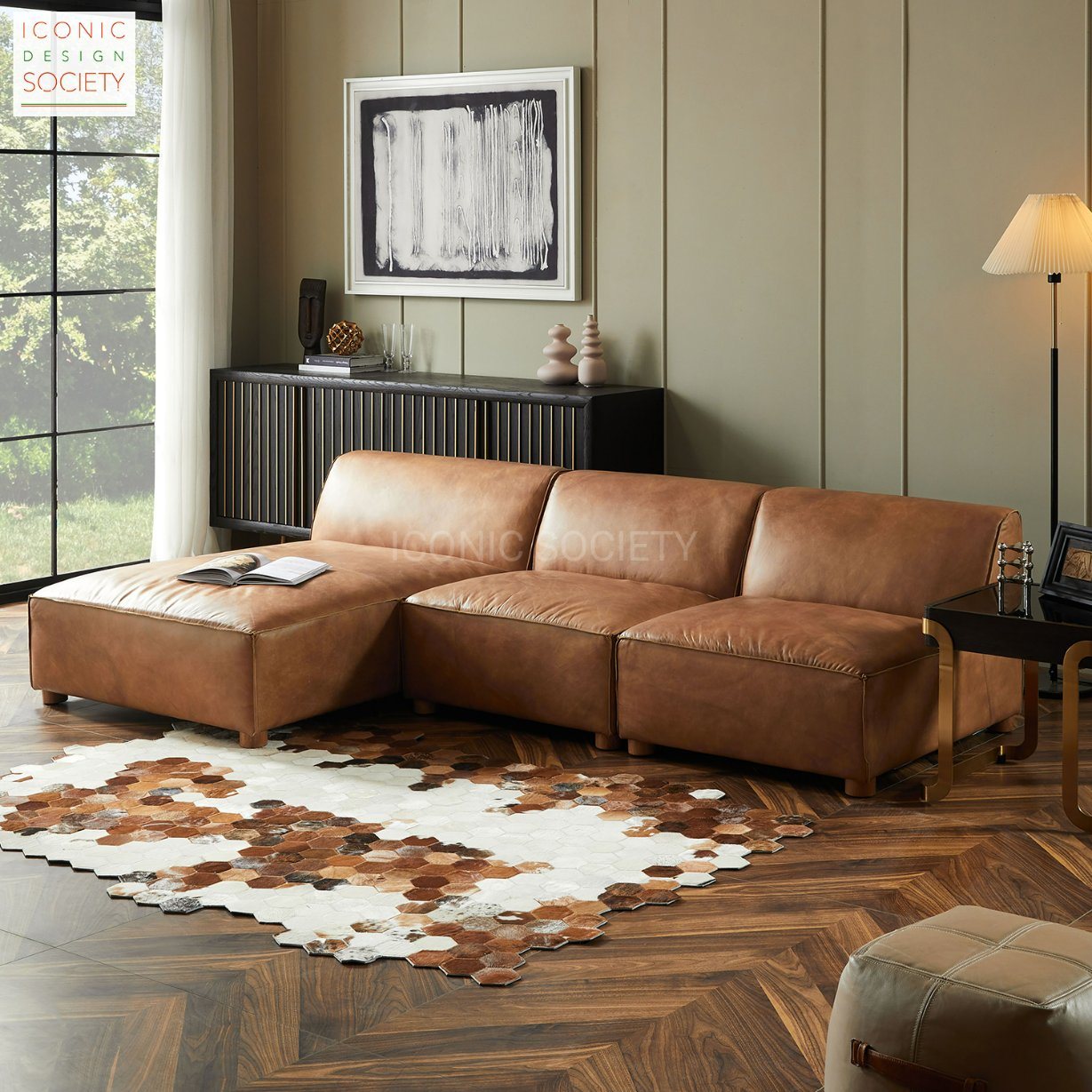 Elegant leather sectional sofa in modern living room.