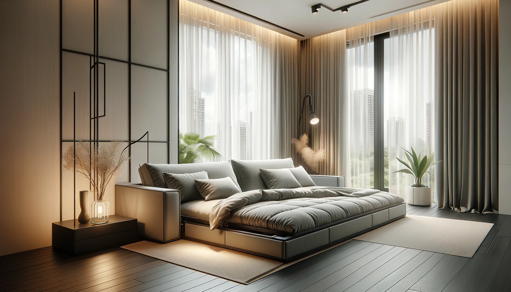 Modern bedroom interior design with city view.