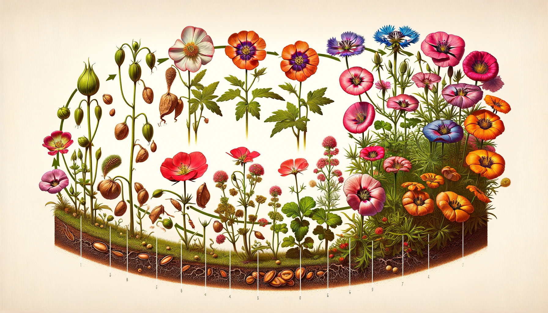 Colorful botanical illustration of various flowering plants.