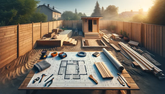 Backyard shed construction plans and materials at sunrise.