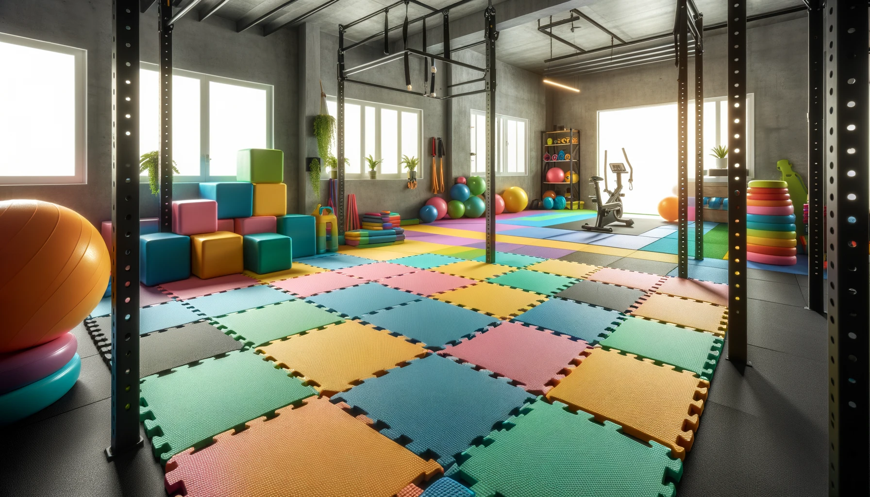Colorful home gym with fitness equipment.