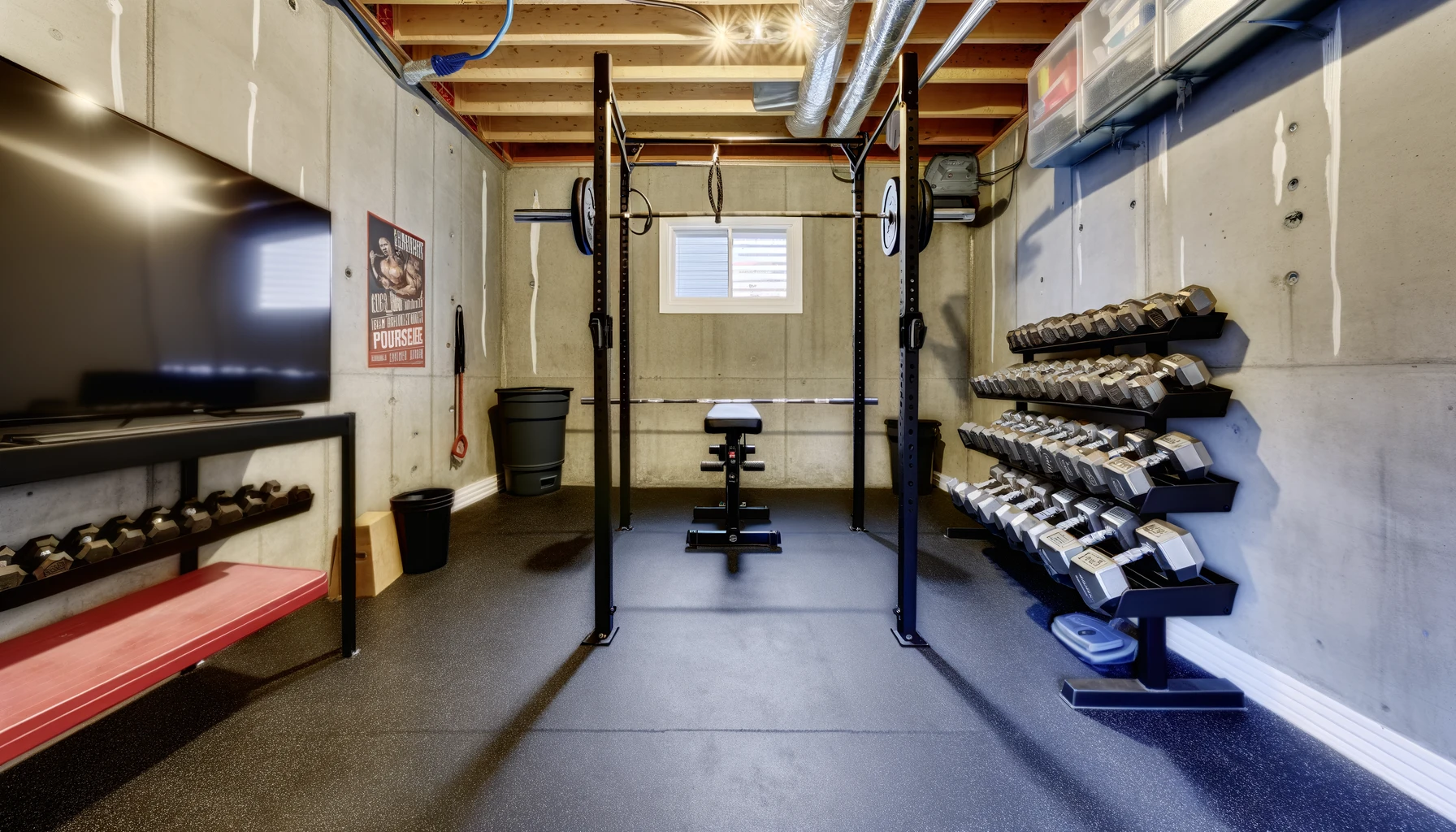 Modern home gym setup with weights and squat rack.