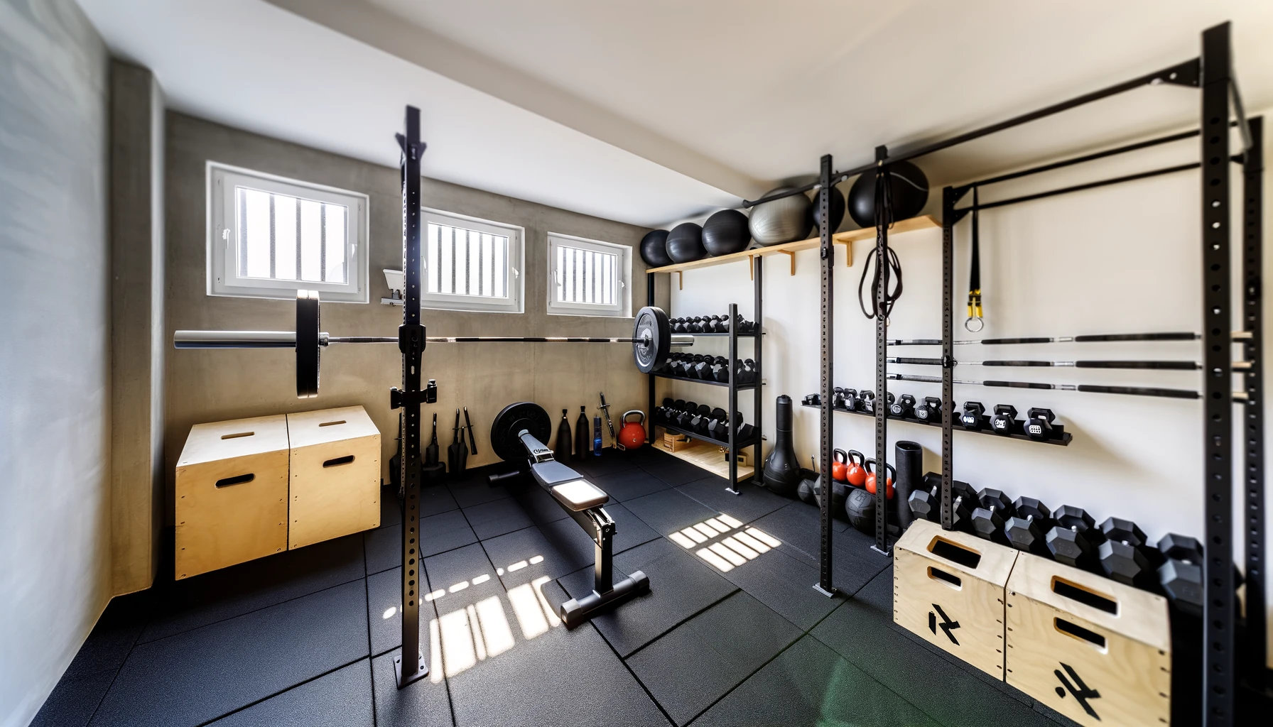 Modern home gym with equipment.