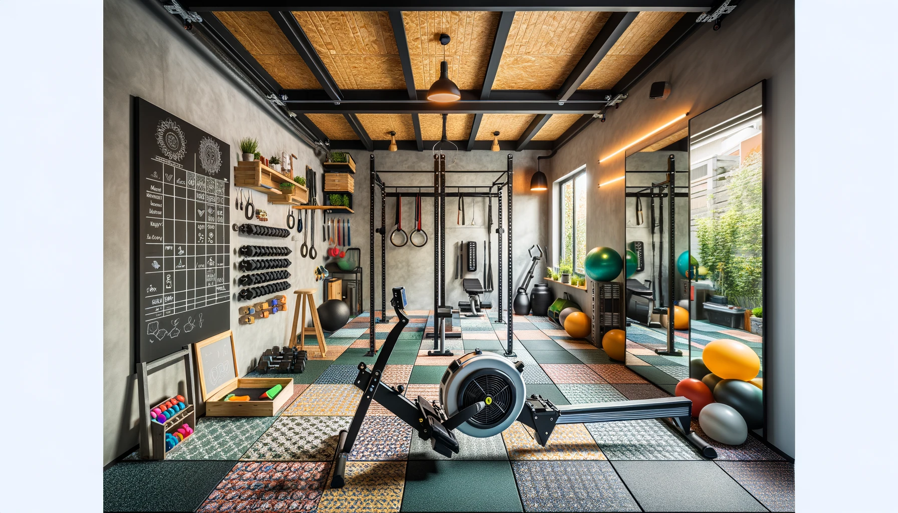 Modern home gym with equipment and colorful floor mats.