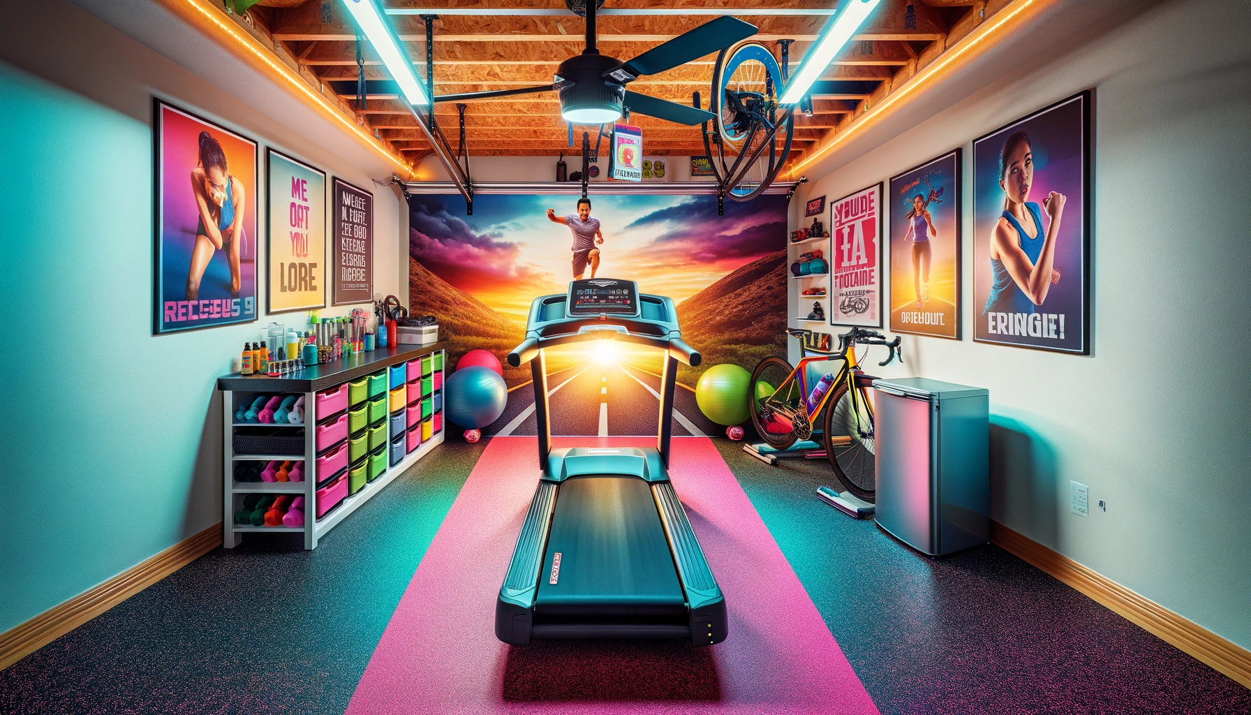 Colorful home gym with treadmill and motivational posters.