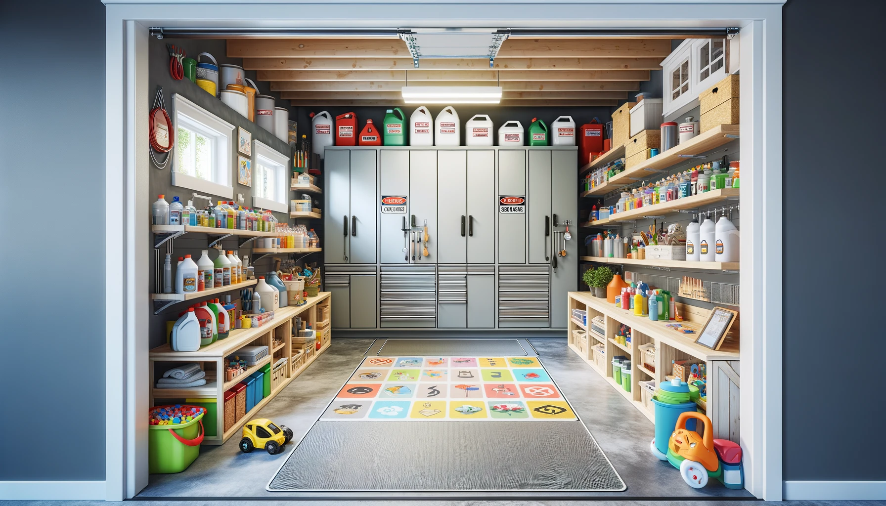Organized garage interior with storage cabinets and shelves.
