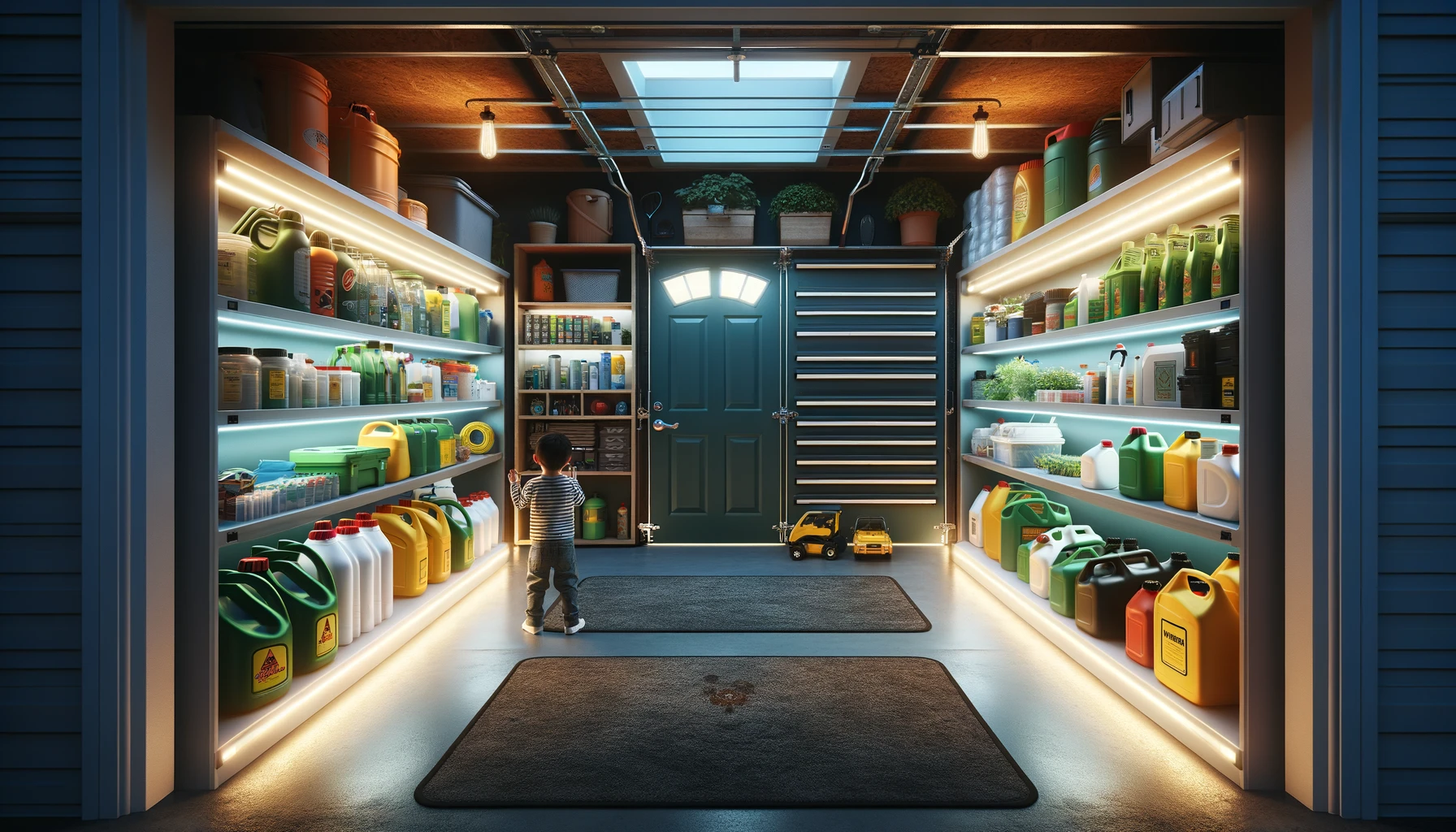 Organized garage interior with child exploring shelves.