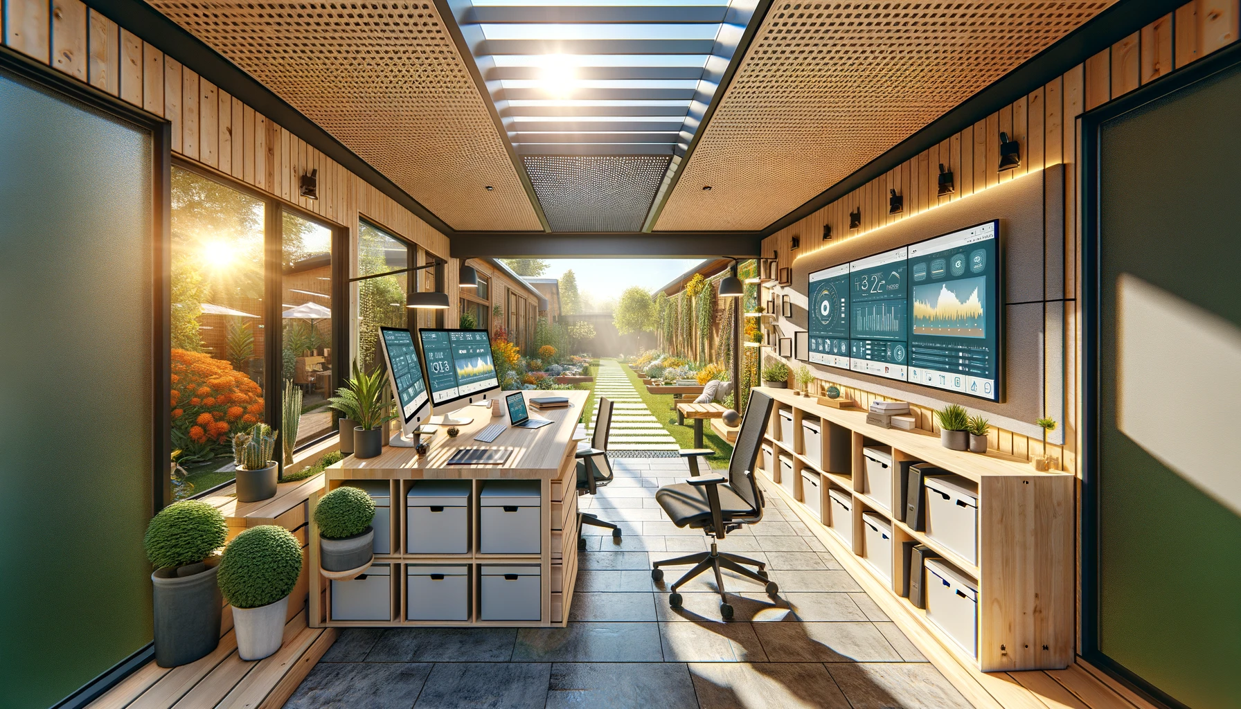 Sunny eco-friendly home office with garden view.